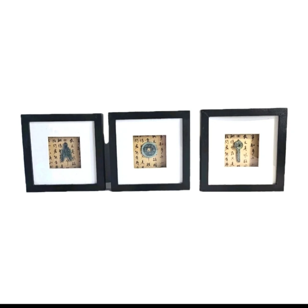 3 Vintage Asian Oriental Chinese Old Money Key Picture Letter Framed Shadow Box